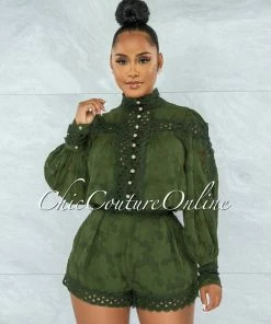 Vendor-unknown Bansuri Olive Crochet Pearl Sheer Blouse & Shorts Set