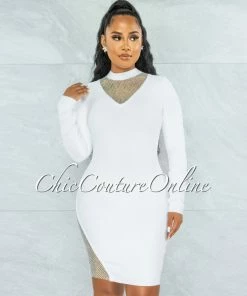 Vendor-unknown Patrice White Rhinestones Net Bandage Long Sleeves Dress