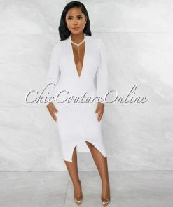 Chic Couture Online JUST IN Dager White Deep-V Draped Front Slit Midi Dress