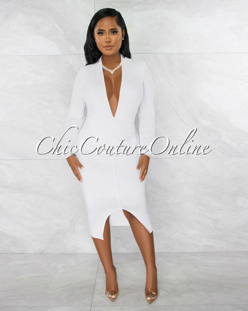 Chic Couture Online JUST IN Dager White Deep-V Draped Front Slit Midi Dress
