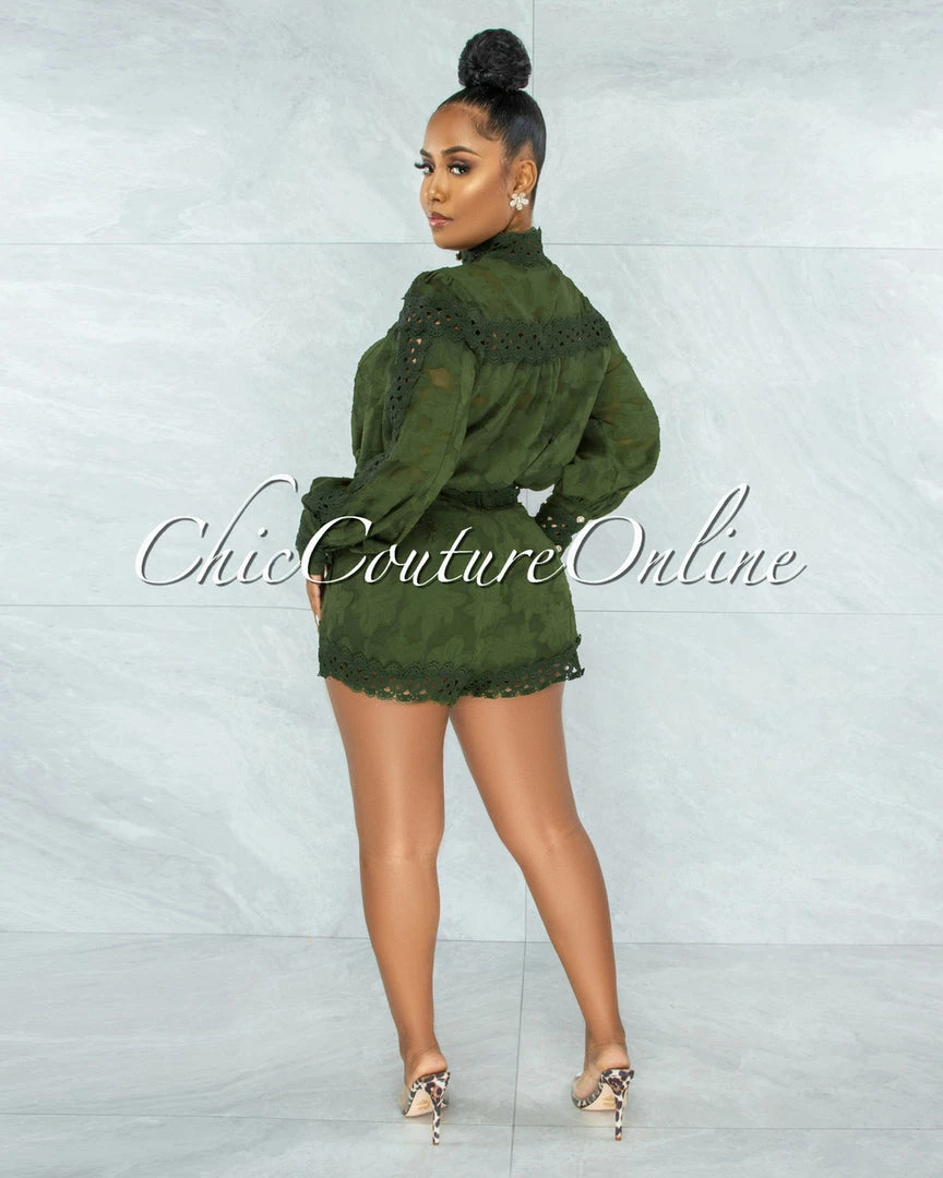 Vendor-unknown Bansuri Olive Crochet Pearl Sheer Blouse & Shorts Set