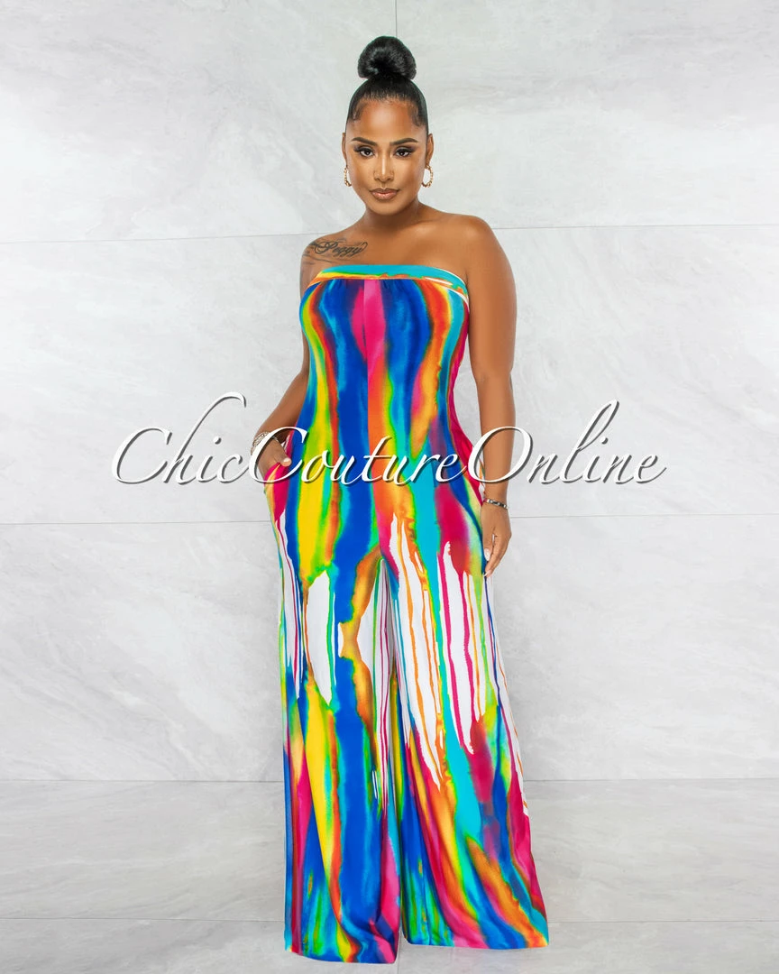 Chic Couture Online JUST IN Cybele Multi-Color Tie-Dye Strapless Jumpsuit