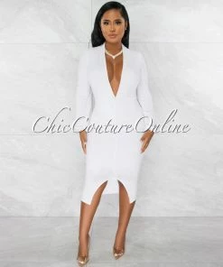 Chic Couture Online JUST IN Dager White Deep-V Draped Front Slit Midi Dress