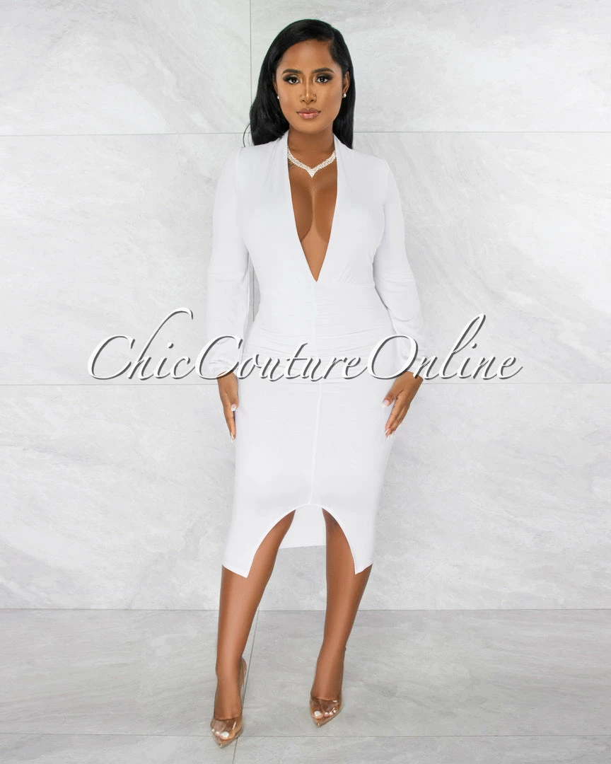 Chic Couture Online JUST IN Dager White Deep-V Draped Front Slit Midi Dress