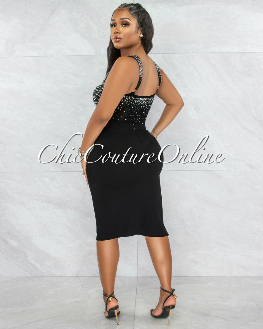 Vendor-unknown Jacaranda Black Rhinestones Bodysuit & Draped Skirt Set