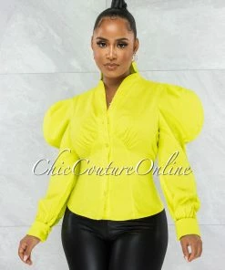 Vendor-unknown Presencia Lime Buttons Bubble Sleeves Shirt JUST IN