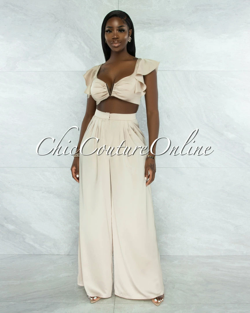 Vendor-unknown JUST IN Labiana Ivory Gold Accent Top & Wide Legs Pants Silky Set