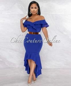 Vendor-unknown Macaria Royal Blue Ruffle Neckline Hi-Lo Dress JUST IN