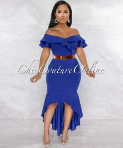 Vendor-unknown Macaria Royal Blue Ruffle Neckline Hi-Lo Dress JUST IN
