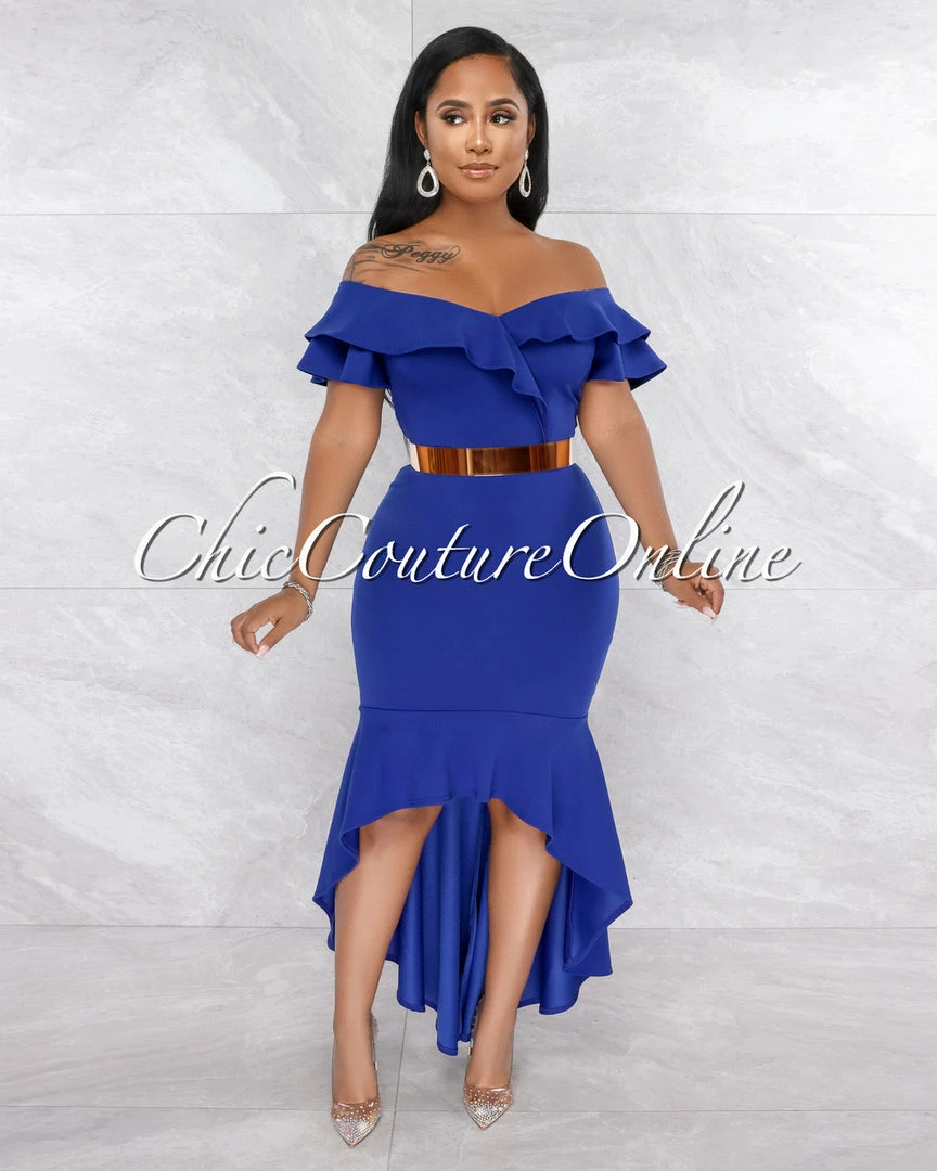 Vendor-unknown Macaria Royal Blue Ruffle Neckline Hi-Lo Dress JUST IN