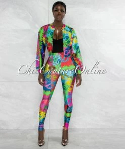 Vendor-unknown Ronni Multi-Color Crop Jacket & Leggings Set JUST IN