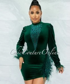 Vendor-unknown Akel Hunter Green Velvet Leopard Mesh Feather Accent Dress