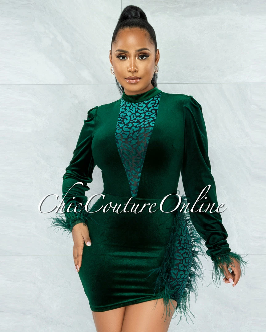 Vendor-unknown Akel Hunter Green Velvet Leopard Mesh Feather Accent Dress