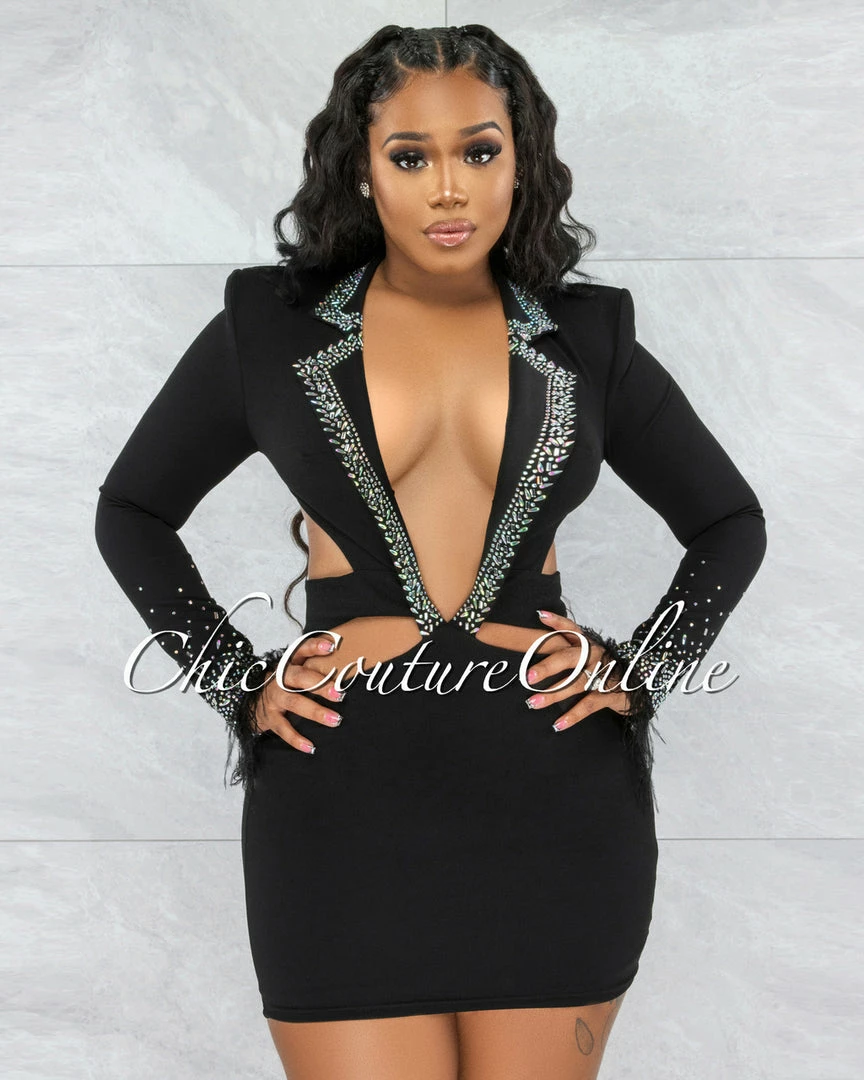 Vendor-unknown Anthony Black Rhinestones & Feathers Cut-Out Dress