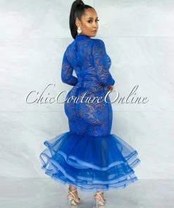 Vendor-unknown San Jose Royal-Blue Lace Tulle Ruffle Mermaid Hem Gown