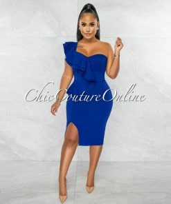 Chic Couture Online JUST IN Corin Royal Blue Single Shoulder Ruffle Midi Dress