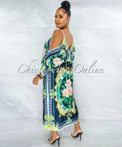 Vendor-unknown Jesuan Navy Green Multi-Color Print Wide Sleeves Maxi Dress JUST IN