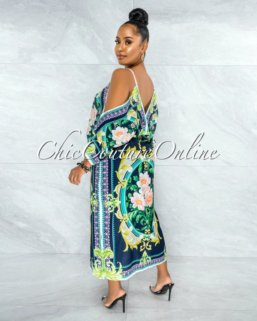 Vendor-unknown Jesuan Navy Green Multi-Color Print Wide Sleeves Maxi Dress JUST IN