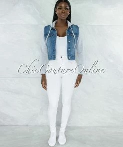 Vendor-unknown Shanee Light Denim Grey Sweater Illusion Hooded Jacket CLOTHING