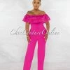 Chic Couture Online Amaretto Fuchsia Off-The Shoulder Crochet Top Jumpsuit JUST IN