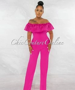 Chic Couture Online Amaretto Fuchsia Off-The Shoulder Crochet Top Jumpsuit JUST IN