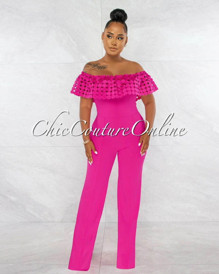 Chic Couture Online Amaretto Fuchsia Off-The Shoulder Crochet Top Jumpsuit JUST IN