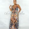 Chic Couture Online Karlene Brown Orange Leopard Rhinestones Halter Maxi Dress JUST IN