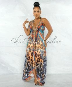 Chic Couture Online Karlene Brown Orange Leopard Rhinestones Halter Maxi Dress JUST IN