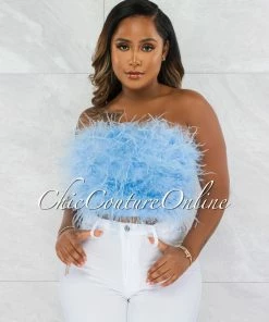 Chic Couture Online Lara Baby Blue Feather Crop Top