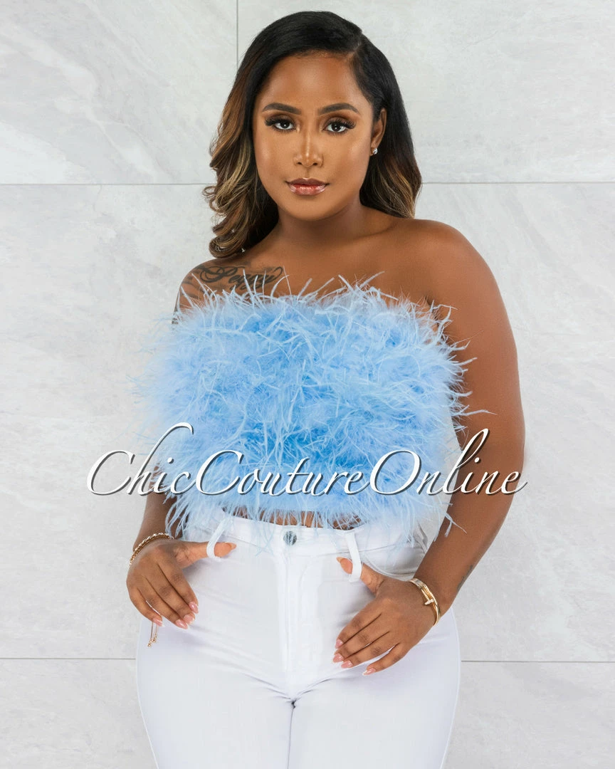 Chic Couture Online Lara Baby Blue Feather Crop Top