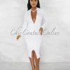 Chic Couture Online JUST IN Dager White Deep-V Draped Front Slit Midi Dress