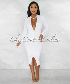Chic Couture Online JUST IN Dager White Deep-V Draped Front Slit Midi Dress
