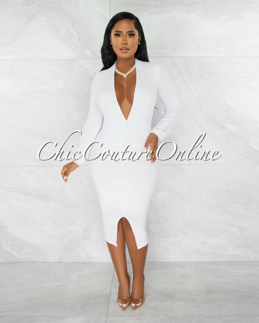 Chic Couture Online JUST IN Dager White Deep-V Draped Front Slit Midi Dress