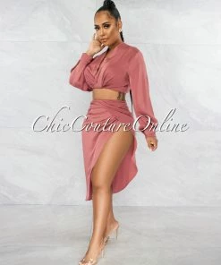 Vendor-unknown JUST IN Larrie Rosewood Drape Top & Slit Skirt Satin Set