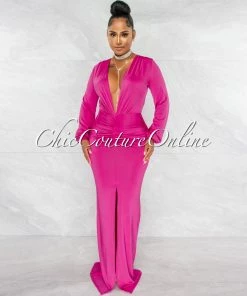 Chic Couture Online JUST IN Solada Magenta V-Neck Long Sleeves Front Draped Maxi Dress