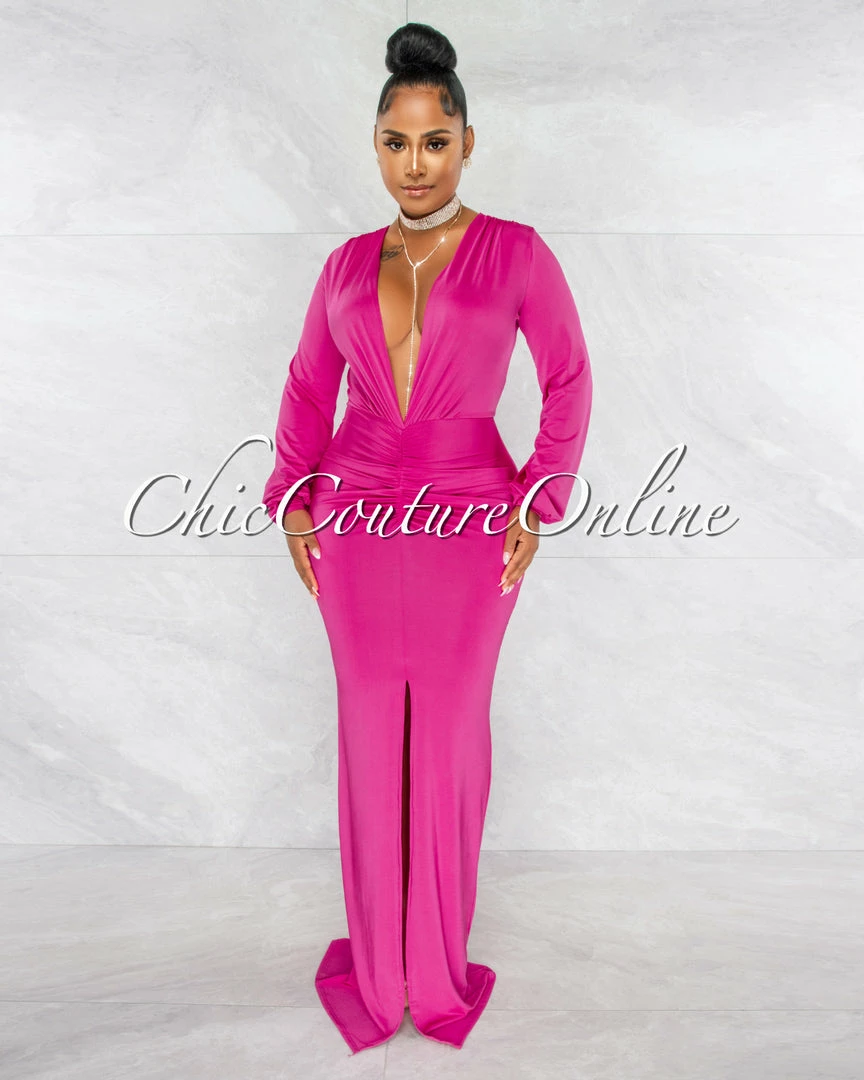 Chic Couture Online JUST IN Solada Magenta V-Neck Long Sleeves Front Draped Maxi Dress