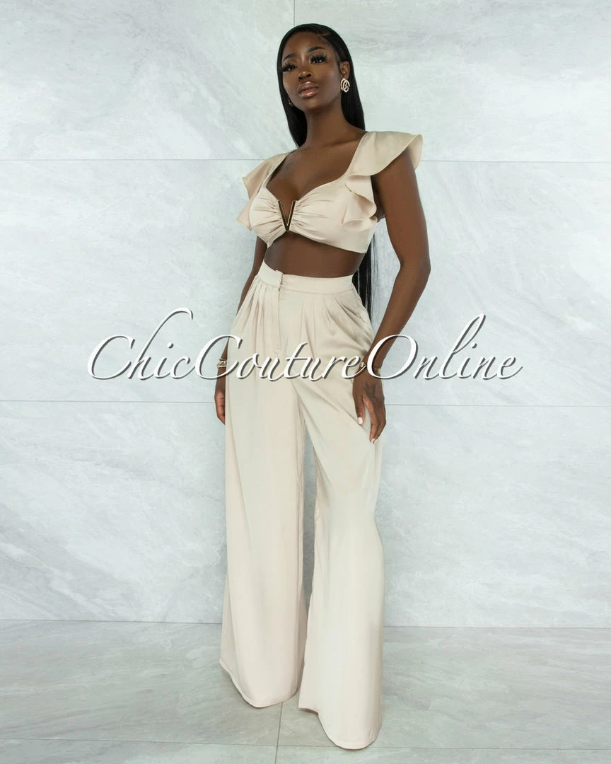 Vendor-unknown JUST IN Labiana Ivory Gold Accent Top & Wide Legs Pants Silky Set