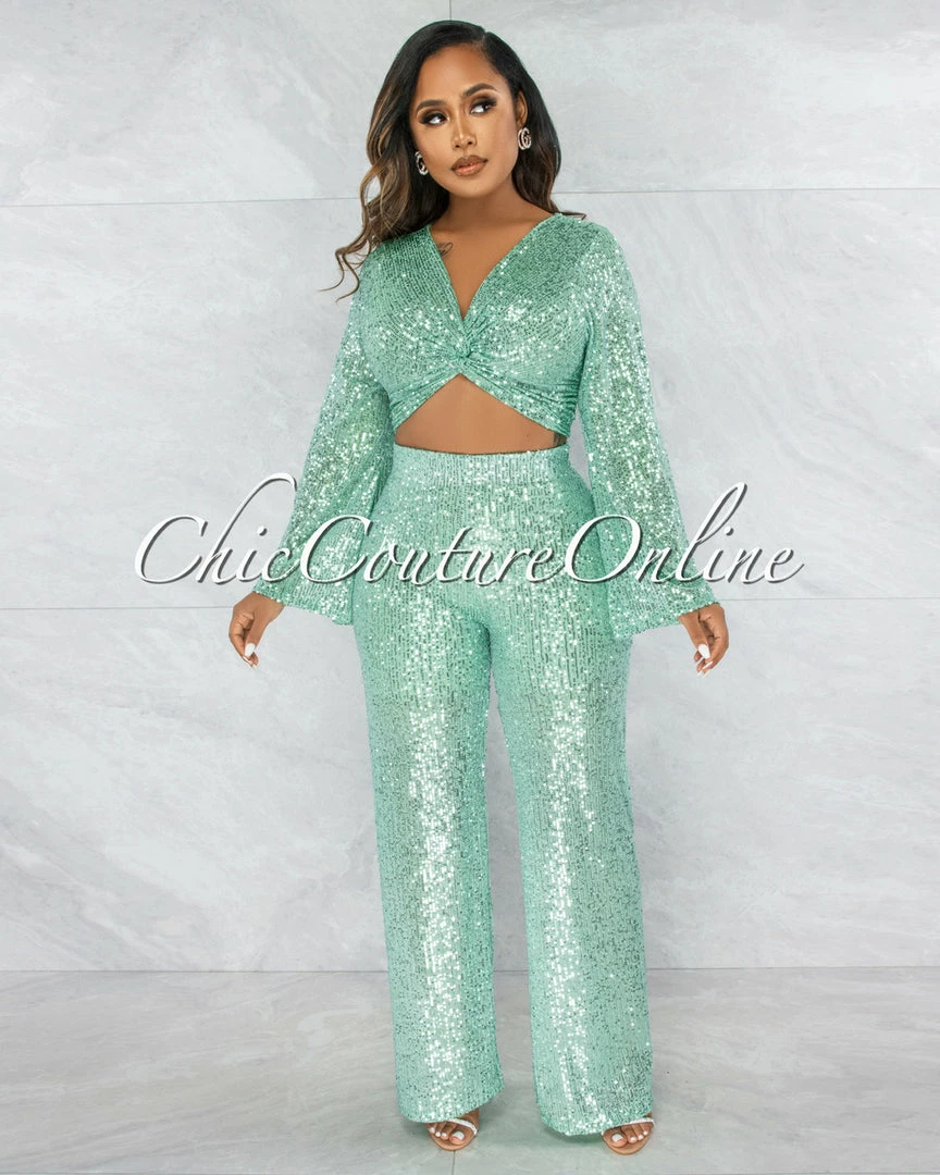 Vendor-unknown JUST IN Cuenta Mint Green Sequins Wide Legs Pants