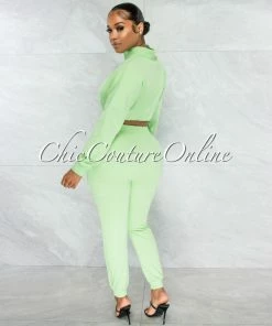 Chic Couture Online JUST IN Balboa Baby Green Crop Sweater & Jogger Two Piece Set