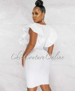 Chic Couture Online Barend Off-White V-Neck Ruffle Sleeves Bandage Midi Dress JUST IN