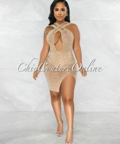 Vendor-unknown Hamidi Nude Rhinestones & Pearls Mesh Criss-Cross Dress