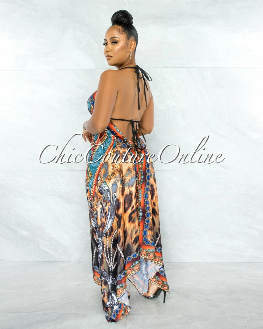 Chic Couture Online Karlene Brown Orange Leopard Rhinestones Halter Maxi Dress JUST IN