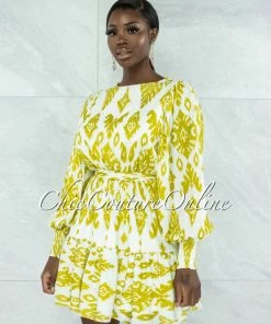 Vendor-unknown Bruno White Green Print Bubble Sleeves Dress