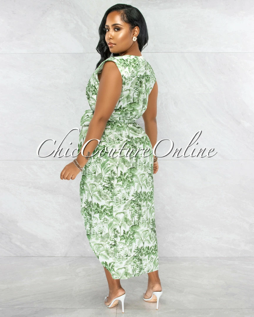 Vendor-unknown Lerenda White Green Leaf Wrap High Low Midi Dress JUST IN
