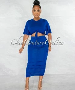 Chic Couture Online Marfo Royal Blue Knot Crop Top & Ruched Skirt Set