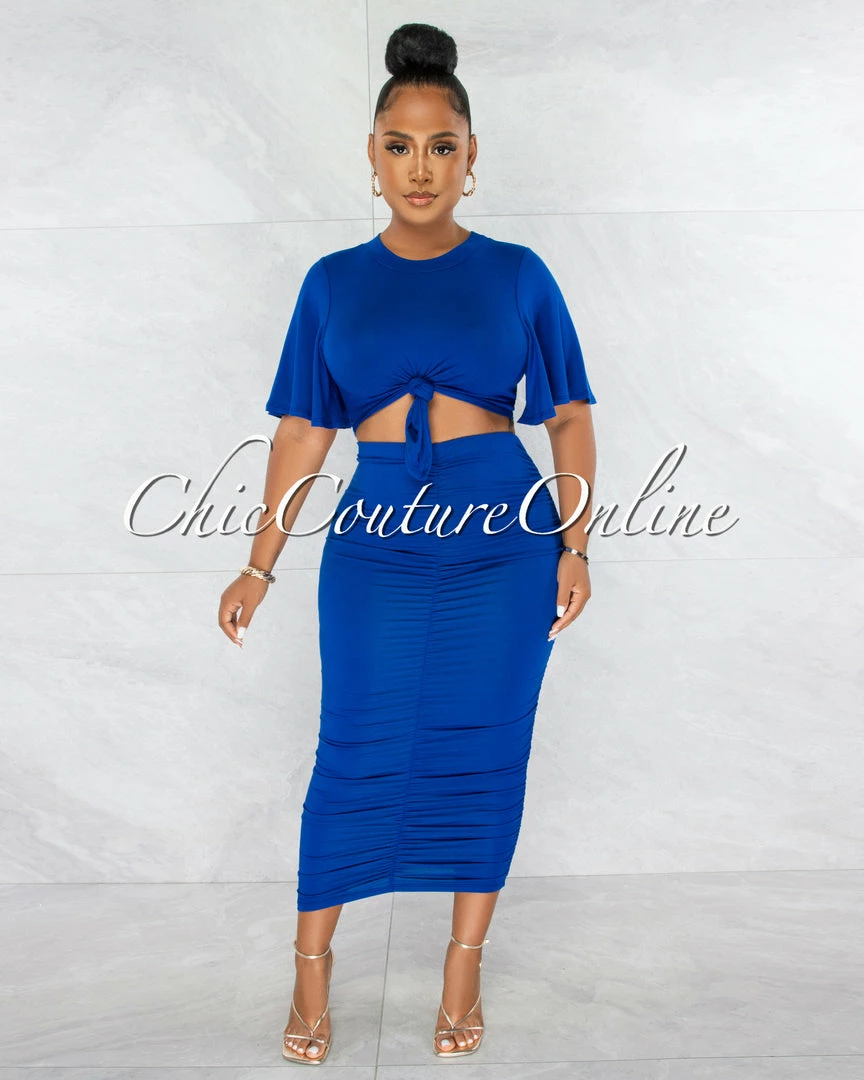 Chic Couture Online Marfo Royal Blue Knot Crop Top & Ruched Skirt Set