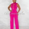 Chic Couture Online Brandy Fuchsia Gold Link Lace-Up Jumpsuit JUST IN