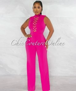 Chic Couture Online Brandy Fuchsia Gold Link Lace-Up Jumpsuit JUST IN