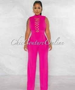 Chic Couture Online Brandy Fuchsia Gold Link Lace-Up Jumpsuit JUST IN