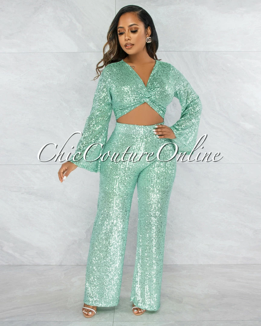 Vendor-unknown JUST IN Cuenta Mint Green Sequins Wide Legs Pants